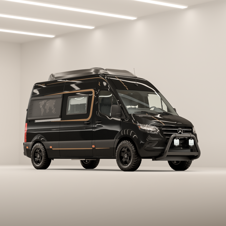Schwarzer Campervan mit moderner Ausstattung in einem hellen Raum. Robeta Adonis auf Basis des Mercedes Sprinter